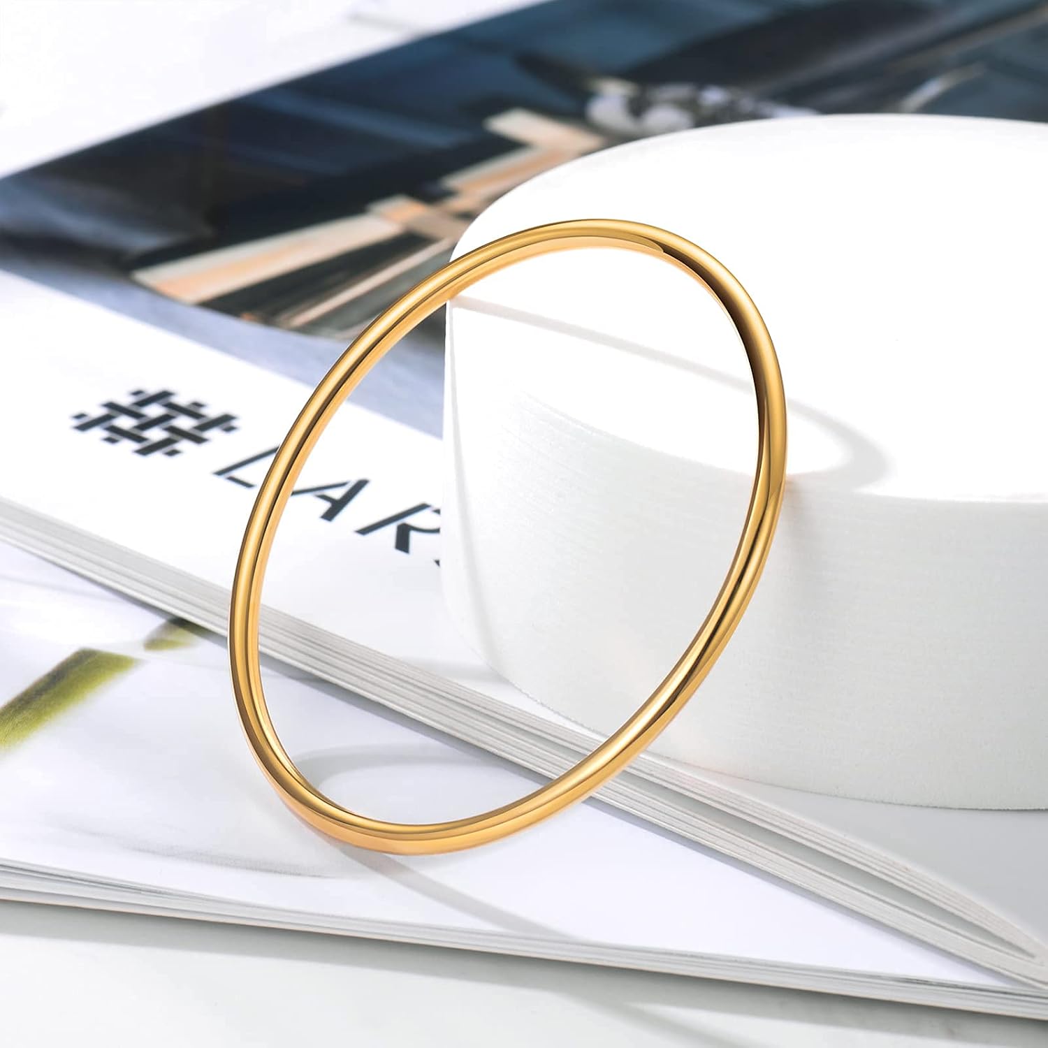 Kainier 3mm 14K Gold Plated Bracelet Stainless Steel Glossy Stackable Thin Round Bangle Bracelet for Women Solid Plain Polished Bracelet Best Gifts for Love