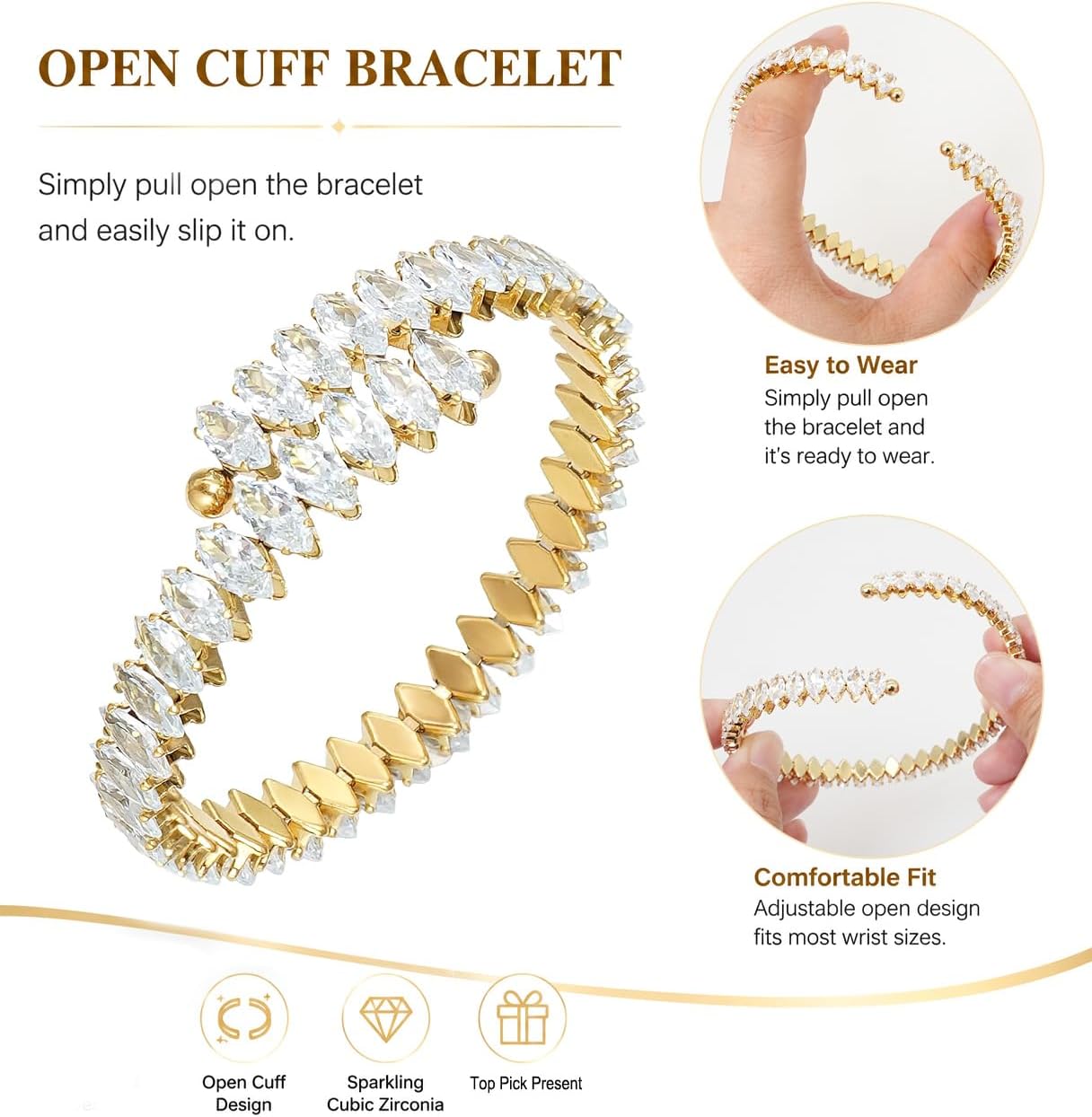 Rhinestone Cuff Bracelet Cubic Zirconia Tennis Bracelets Open Adjustable Elastic Bangle for Women